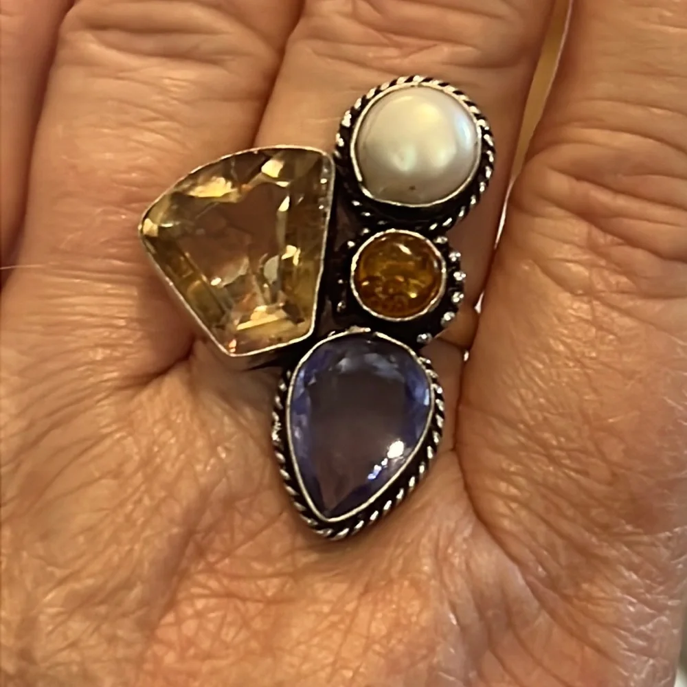 #369 Amethyst, Amber, Pearl Handcrafted Ring 💍 Size 9 NWOT - Picture 3 of 15